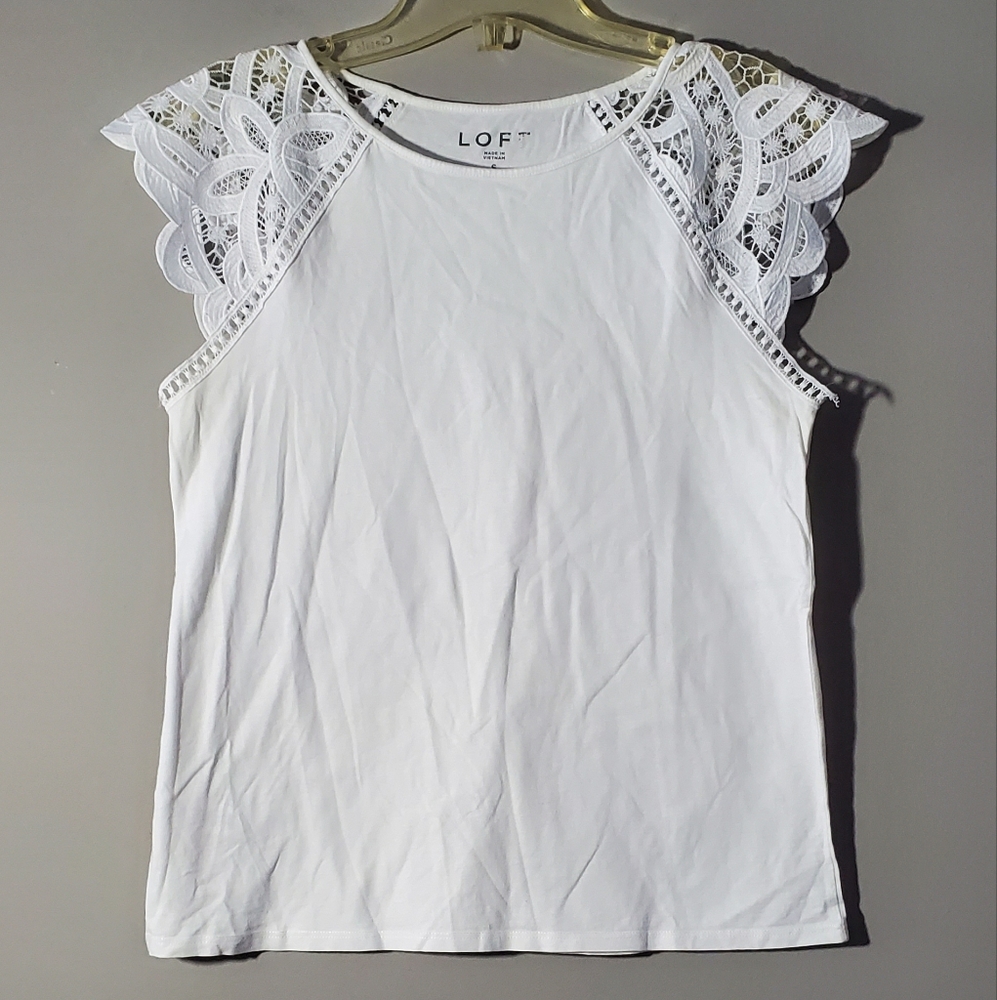 Small LOFT White Lace Cap Sleeves Women's Crewneck Short Sleeve Tshirt Top